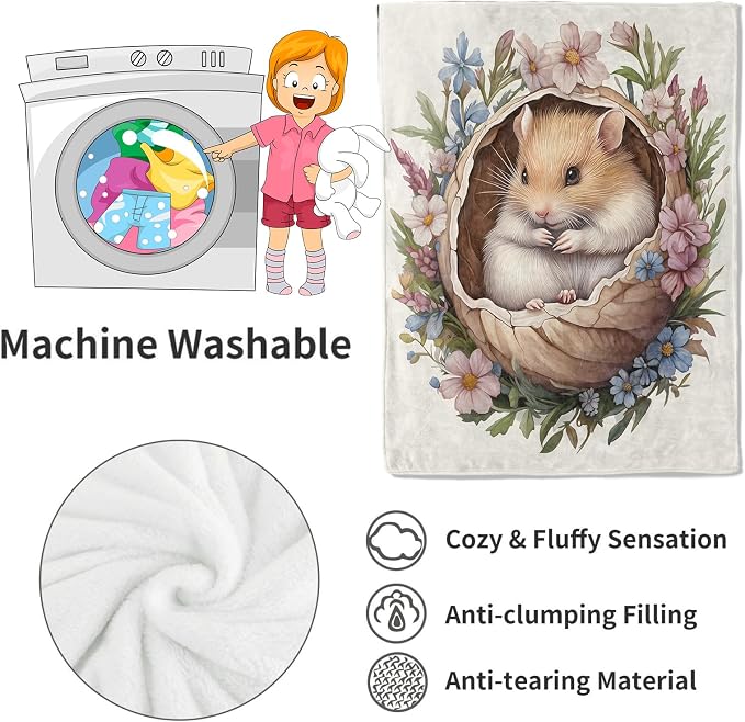 Hamster Blanket,60x80in,Cute Animal in Floral Nest Pastel Flower Throw Blankets,Gifts for Kids Girls Women, Lightweight Soft Fleece Cozy,for Sofa Couch Bed Room Travel Modern Decor