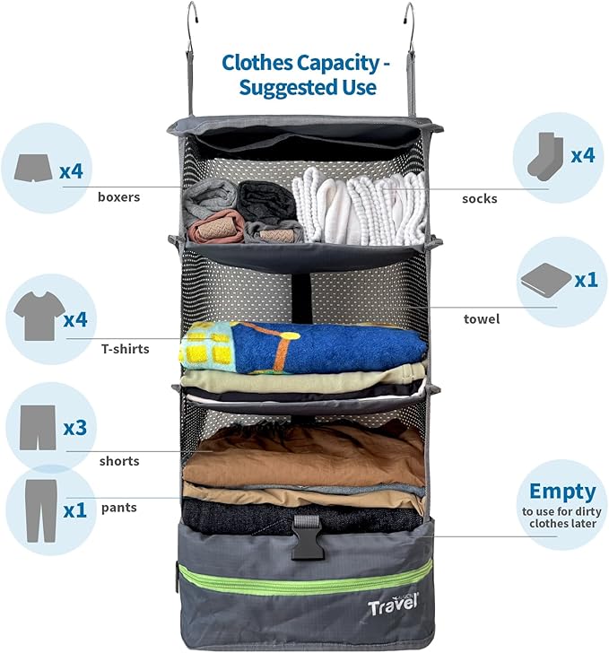 Stow-N-Go Hanging Travel Shelves, Packing Organizer for Luggage. Carry on Closet for Suitcase. Expandable Packing Cube. Travel Essentials. (Dark Gray - L, L = (L) 11.8" x (W) 11.8")