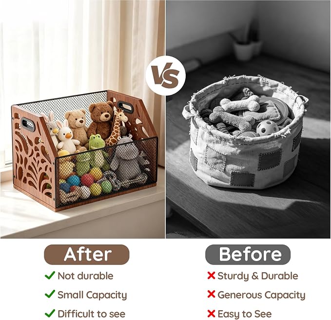 Dog Toy Basket, Chew-Proof Dog Toy Box, Wooden Pet Toy Storage | Spacious Toy Storage Bin for Pet Toys, Treats & Home Supplies, Toy Box for Living Room
