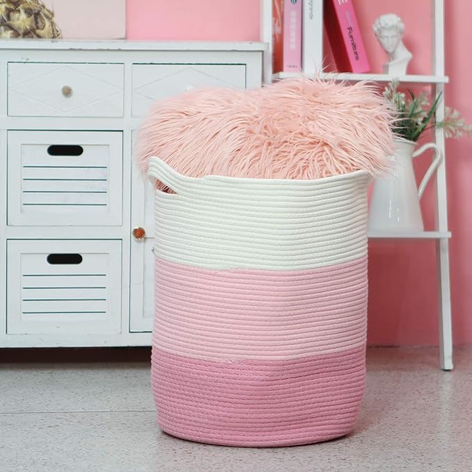 Sea Team Large Woven Cotton Rope Laundry Basket with Handles, 20 x 14 in | Collapsible Knitted Hamper, Closet Shelf Organizers, Containers for Clothing, Blankets, Toys, Bedding, Pink