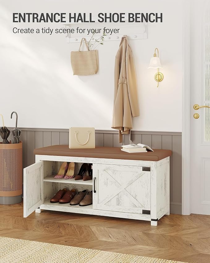 Hzuaneri 39.4" Shoe Storage Bench, with Soft Padded Seat Cushion & Doors | 2 Tier Entryway Storage Bench with Adjustable Shelf, Farmhouse Shoe Cabinet for Living room, Bedroom, Antique White SB26614KA