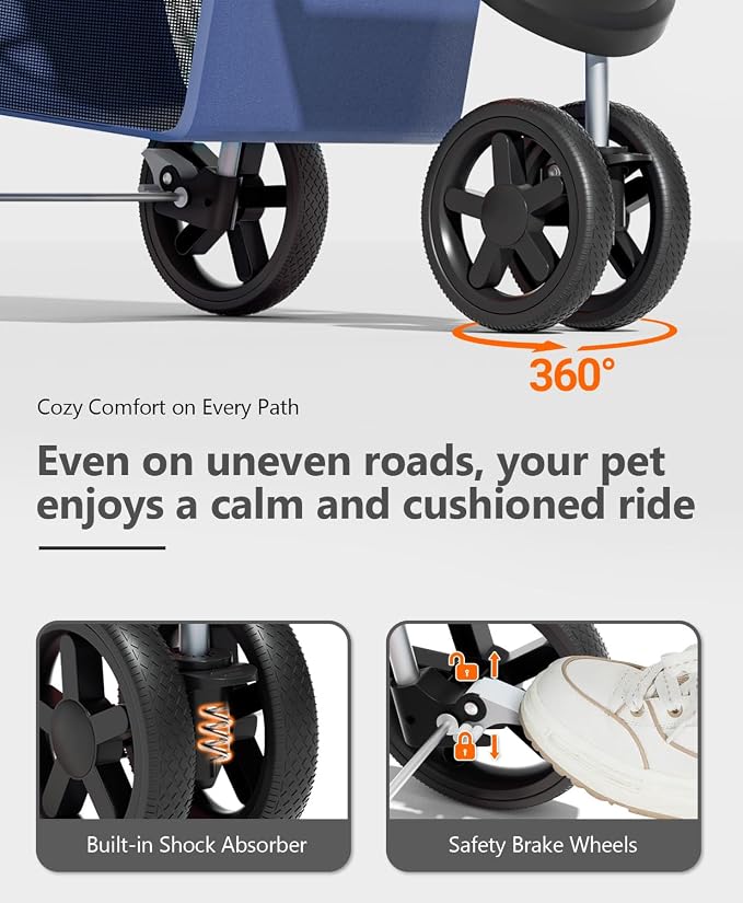 OS MOTOR 3 Wheels Pet Stroller for Small Medium Pets, Navy Blue | Foldable Carrier Jogger, Rear Wheel Breaks, Storage Basket, Visible Mesh Weather Cover, Portable, Dog, Cat, Puppy, Kitty
