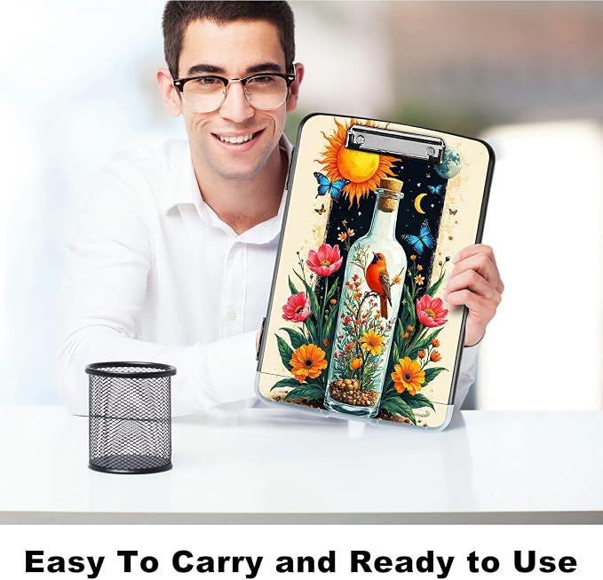A4 Clipboard with Storage Pen Holder, Clipboards Organizer Nursing Clipboard Foldable File Folder Plastic Clipboard Folio Clip Board for Office Work Classroom Doctor, Drift Bottle Flowers