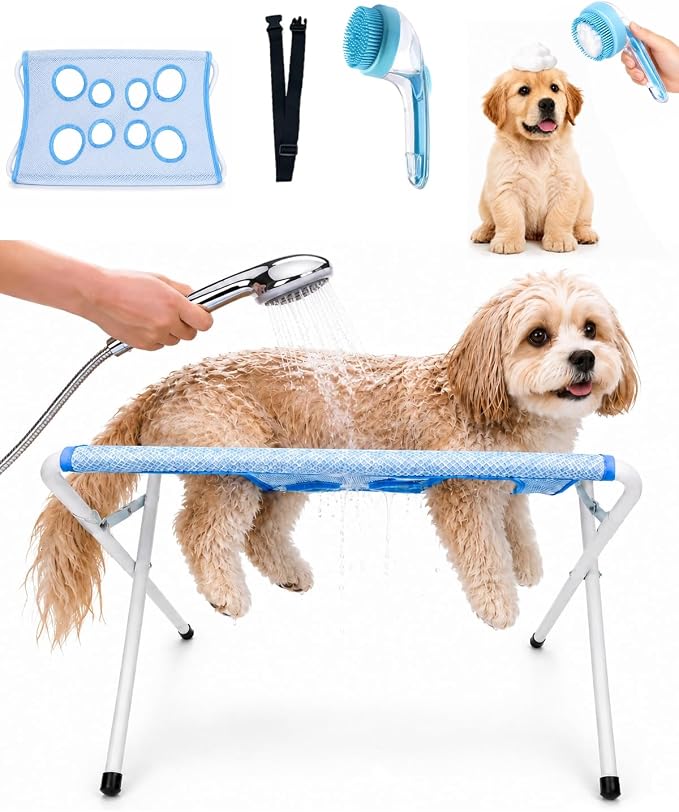 Foldable Pet Bathing Stand, Dog Grooming Hammock with Quick-Dry Mesh, 44 lb | Portable Shower Stand & Sling for Small Dogs & Cats, Steel Frame, 8-Hole Support, Hands-Free Grooming, Folds Flat, Holds 44lb