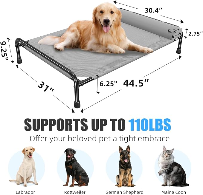 Simple Trending Elevated Dog Bed for Large Dogs, 44.5" x 31", Grey | Cooling Raised Pet Cot with Bolster, Dog Couch Cot for Indoor Outdoor, Breathable Mesh, Waterproof, Non-Slip Feet