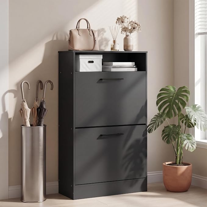 HOMCOM Shoe Cabinet with 2 Flip Drawers, Open Shelf, up to 12 Pairs, Black | Narrow Storage Cabinet, Adjustable Dividers, Entryway Shoe Storage Unit, for Hallway