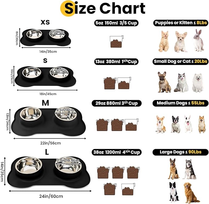 Conlun Medium Pet Feeding Station, 29oz Stainless Steel Dog Bowls Set, No Spill Food & Water Dishes with Non Slip Silicone Mat for Breeds Up to 55 Lbs,Black