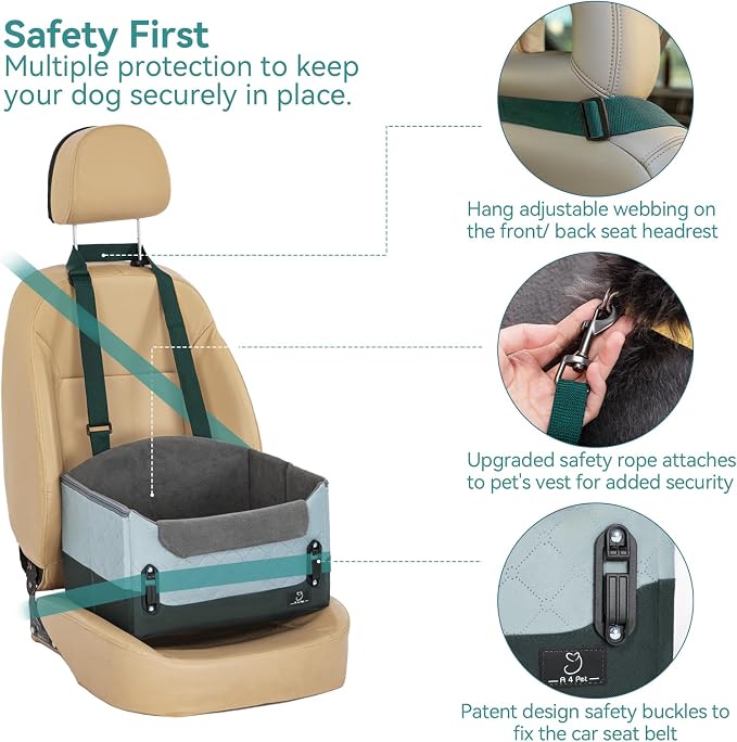 A 4 Pet Dog Car Seats for Small Dogs, Under 25 lbs, Patent Buckles | Adjustable leash, frame support, reduces anxiety, for cars/SUV/pickup