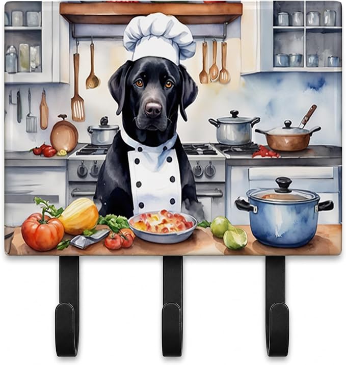Caroline's Treasures Black Labrador Retriever The Chef Leash or Key Holder Wall Hooks, Key Hooks Holder, Coat Rack Wall Mount, Coat Hooks, Hooks for Hanging Keys, Towels, Aprons, Leashes | Black Labrador Retriever The Chef artwork on ceramic tile with ...