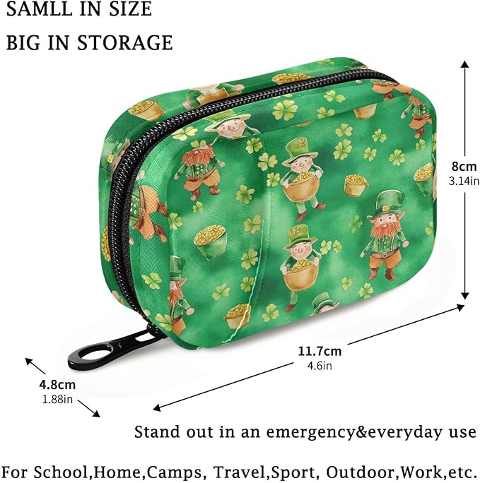 Fustylead Leprechauns and Pots of Gold on Green Background Travel Pill Organizer Bag with Zipper Small Pill Box 7 Day Pill Case for Purse Storage Weekly Vitamin Medicine Supplement