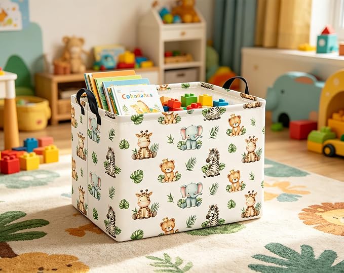 Rectangular Kids Basket Baby Girl Basket Fabric Storage Bin Organizer Box Room Decor(Leaf Animal)