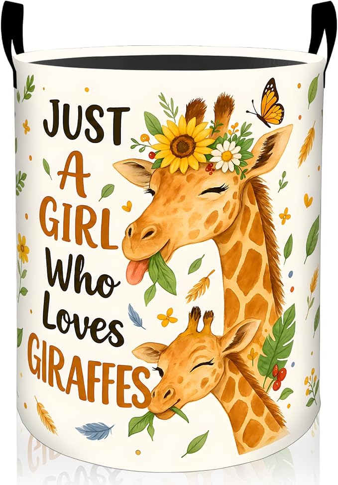 Cute Giraffe Laundry Basket, Safari Animal Leaf Flower Oxford Cloth Dirty Clothes Collapsible Hamper for Room Decor, Wildlife Gifts, Toy Organizer 19.7 x 15.7 Inches for Bedroom Bathroom Dorm
