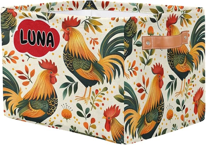 Custom Storage Baskets for Kids Name, Large Foldable Organizer Collapsible Storage Bin with Leather Handle for Home Toys Closet Nursery, Farmhouse Cock Rooster