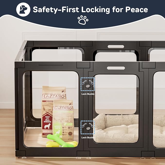 Jalove 24“ H Acrylic Dog Playpen Indoor, Relieves Pet Anxiety | Ideal for Small Dogs,Plastic Pet Playpen with Door, Clear Pet Play Pen for Puppy Rabbit, Easy Assemble Dog Pen, Black 10 PCS