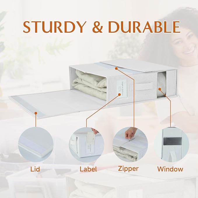 Simple&Opulence 2 Pack Bed Sheet Organizers and Storage (Queen & King Size), Foldable Sheet Set Organizer for Linen Closet, Folding Bedding Storage Box for Bedsheet Duvet Cover, White