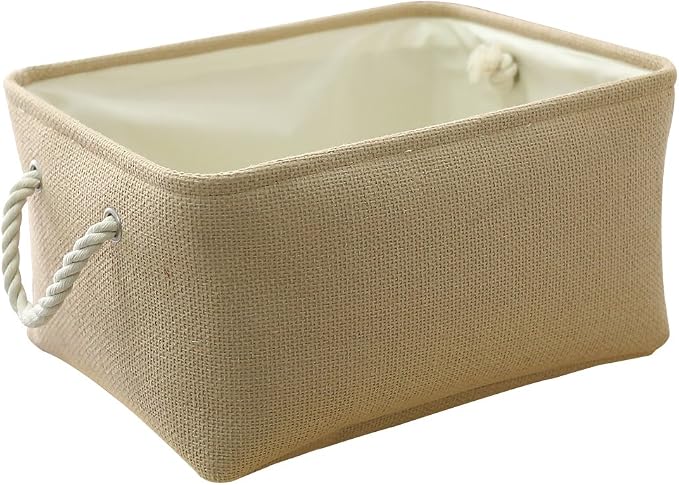 Decorative Basket Rectangular Small Storage Basket Fabric Storage Bin Organizer Basket with Handles for Clothes Storage (Beige, 11.8L×7.9W×5.2H inch)