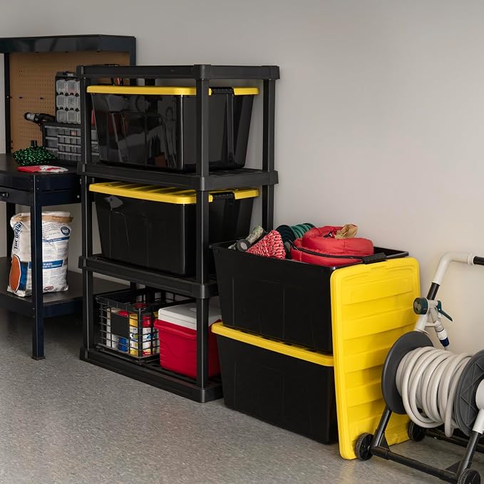 IRIS USA 4-Pack 94 Quart Storage Bins with Lids, Black/Yellow | Black finish conceals stored items. Ideal for holiday décor, bulky items, and long-term storage. Nestable design saves space