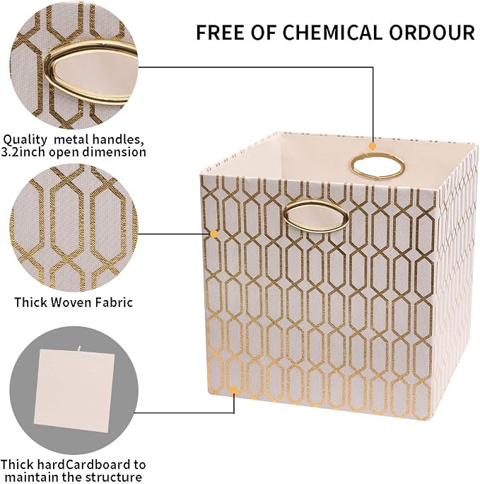 Posprica Storage Bins, Storage Cubes,13×13 Fabric Drawers Organizer Basket Boxes Containers (13×13×13/2pcs, Cream/gold geometry Pattern)