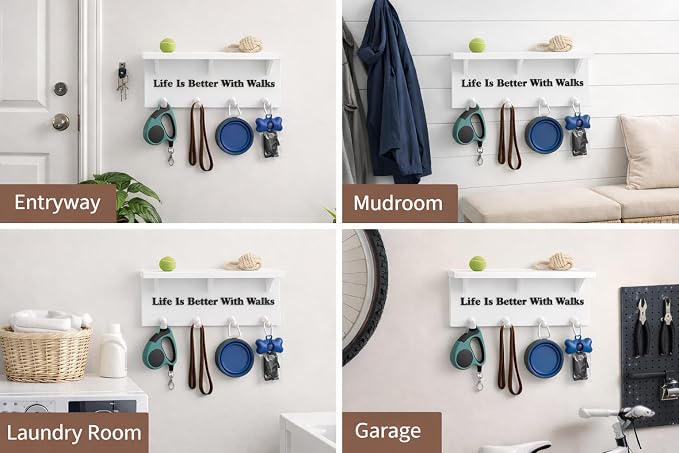 Dog Leash Holder for Wall with Shelf – 4 Hook Wall Mounted Organizer for Leashes, Harnesses & Accessories – “Life is Better with Walks” Entryway Pet Storage Rack