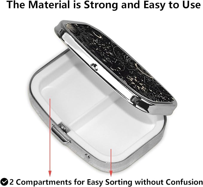 ABLESKY Pill Box, 2 Compartment Pill Organizer Case for Pocket or Purse, Small Portable Metal Travel Medicine Box with Mirror, Daily Vitamins Fish Oil Container-Tarot Constellation Moon Sun