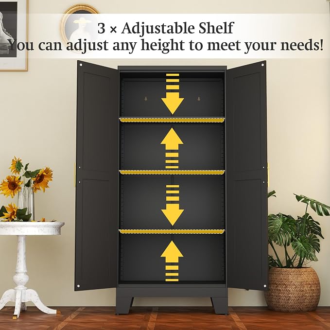 Black Metal Storage Cabinet, 61" Kitchen Pantry Cabinets for Office | Steel Kitchen Pantry Storage with Doors and 3 Adjustable Shelves, Metal Tool Cabinet, for Office, Home, Garage, School