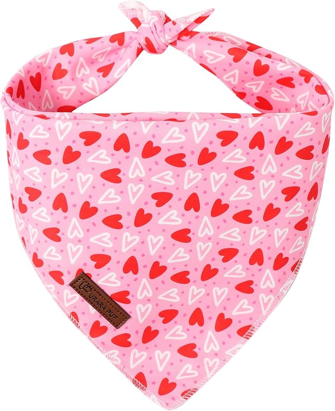 Valentine’s Dog Bandana, UP URARA PUP Valentine Triangle Bid Red Love Heart Scarf for Girl Boy Small Medium Dogs or Cats, Adorable Puppy Wedding & Valentine’s Bandana, Sweat Cotton Pet Kerchief,S