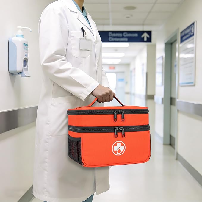 Dual Layers Medicine Organizer, Lockable Travel Pill Bag, Orange | Adjustable dividers for neat pill organization. Durable zippers & portable design suit daily use, travel or first aid kit