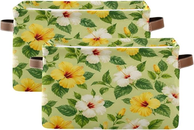 Kigai Storage Basket, Fabric Collapsible Closet Organizer Bin | Small Flowers Waterproof Foldable Canvas Basket with Handles for Shelves, Nursery, Closet, Bedroom & Bathroom