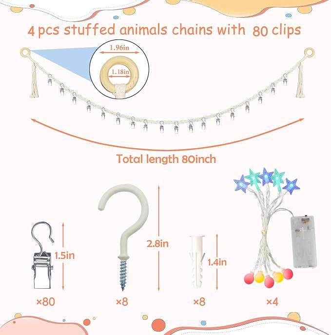 80" 4 Pack Cotton Hanging Storage Chain for Stuffed Animals Storage with 4 Pcs Led Light 40 Metal Clips Stuffed Animal Organizer Chain for Wall Corner Nursery Play Room (4PcsWhite)