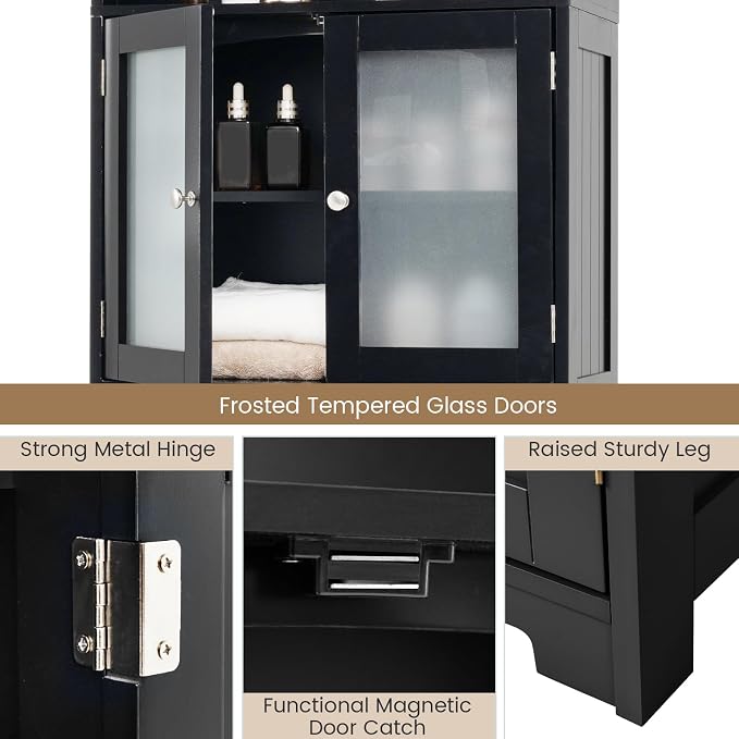 LOKO Tall Bathroom Cabinet, Modern Storage Organizer with Doors & Open Shelves, Wooden Floor Cabinet with Adjustable Shelves for Bathroom, Living Room or Kitchen (Black)
