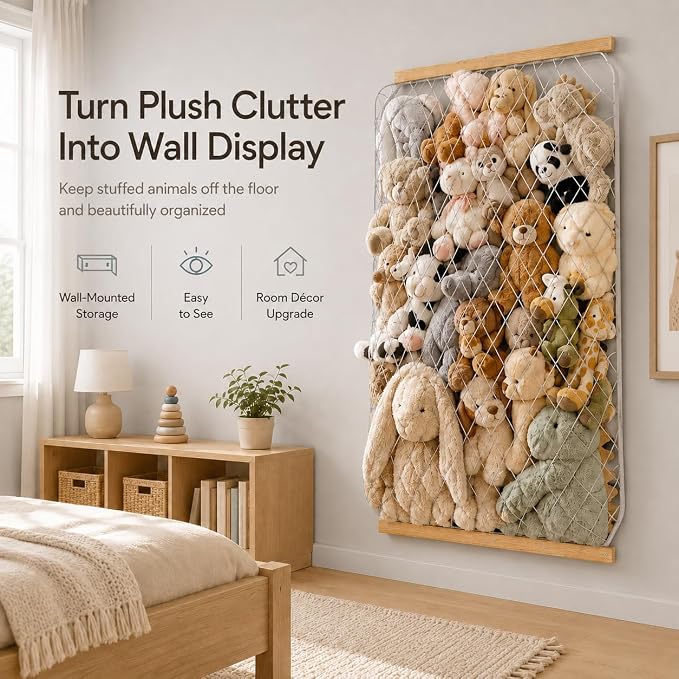 Stuffed Animal Storage Holder, Elastic Stuffed Animal Net,Door/Wall Mount Length Adjustable Hanging Stuffed Animal Organizer, Plushie Net for Nursery Play Room-Origin Boards Patent