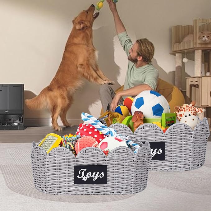 Geyecete dog toy wicker storage basket Set Of 2 pet supplies wicker basket rope scalloped edge shelves baskets set scallop wicker box Hand Woven