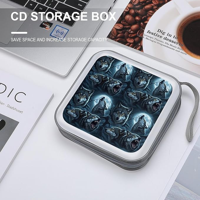 Portable 40-Disc CD Storage Binder Moon Wolf, Hard Case Wallet with Handle, Protective Organizer for Movies Music Travel