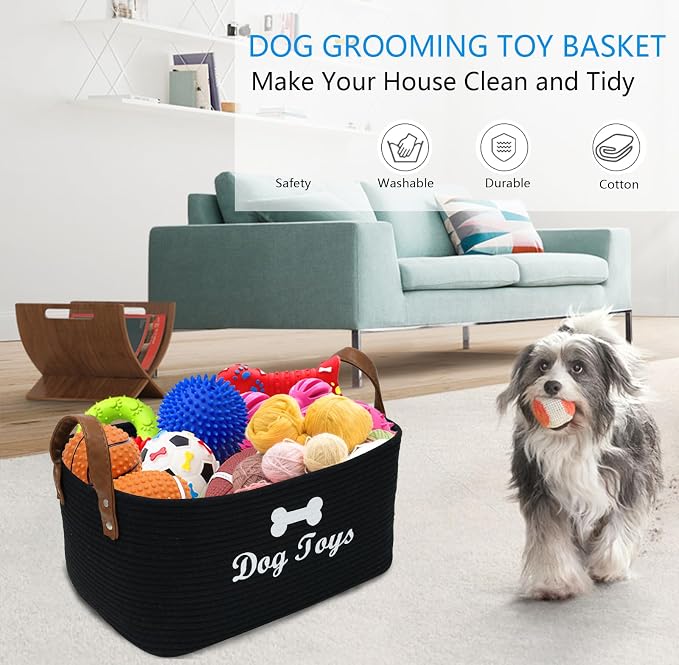 Morezi Dog toy basket, 16.5"x10.6"x 7.5" puppy toy basket bins, pet organizer, laundry basket storage bin - Perfect for organizing toys, blankets, leashes, coat and stuff - Black
