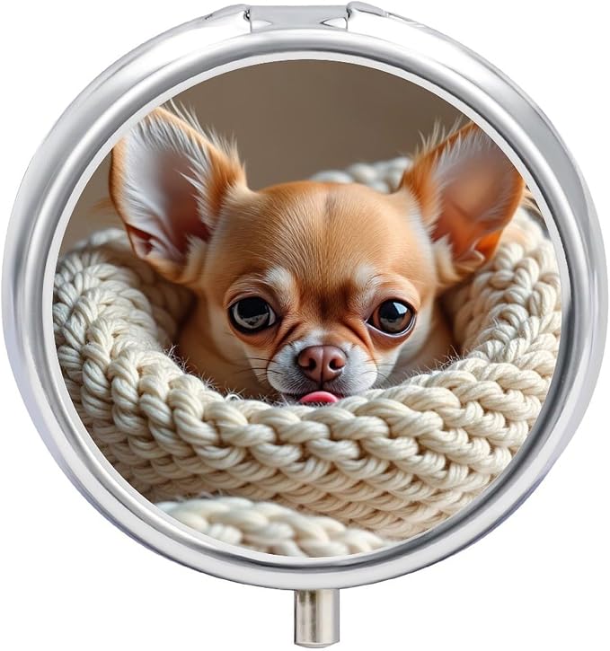 Cute Brown Chihuahua Metal Pill Organizer with Mirror, 3-Compartment Travel Pill Box, 2-Inch Round Pocket Medicine Case with Secure Latch, Portable Vitamin Holder for Women & Men