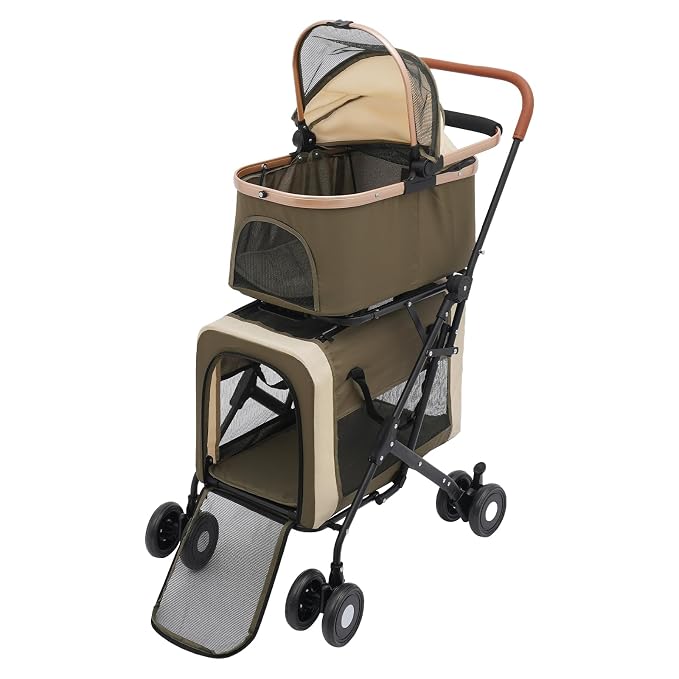 Pet Stroller, Portable Double Pet Stroller Cart with 4 Wheels, Heavy Duty Foldable Dog Cat Supplies, Multifunctional Carrying Storage Cat for Traveling with Pets, Shopping (Dark Green)