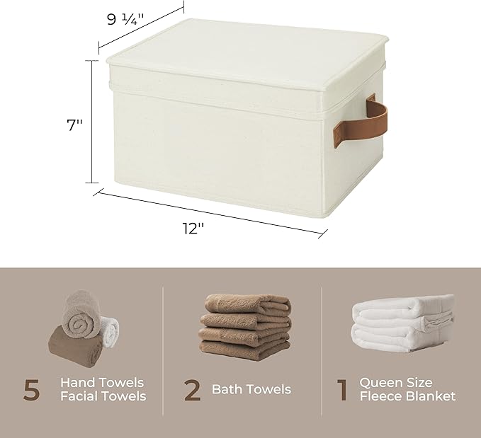 StorageWorks Fabric Storage Bins with Lids, Closet Storage Bins | Lidded Dust-proof, Easy Pull Handles, Foldable, Stackable, Ideal for Clothes Blanket Towel, Medium, Ivory, 3-Pack