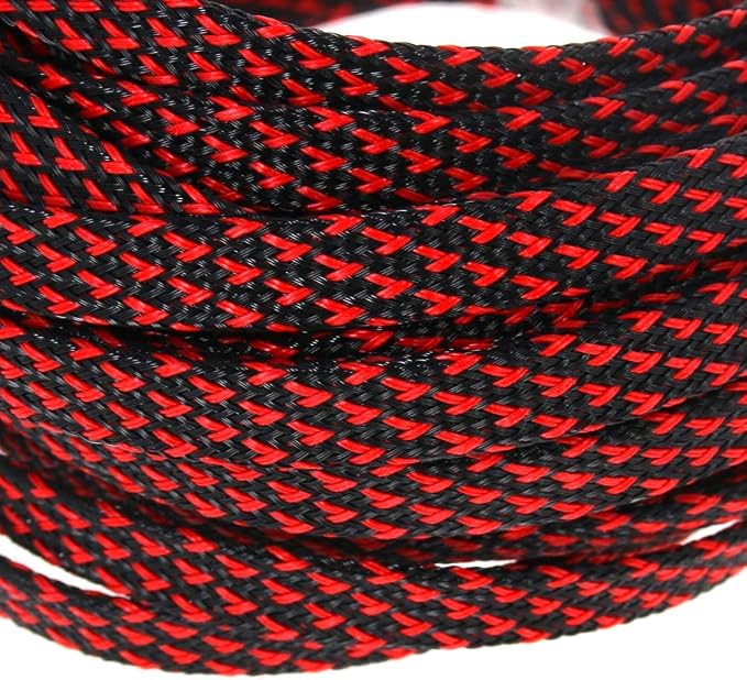 Heyiarbeit 10m/32.8ft PET Expandable Braided Sleeving 3/8-inch Width Flexible Wire Mesh Sleeve for USB Cable Power Cord Audio Video Cable - Protect Cat from Chewing Cords - Black Red