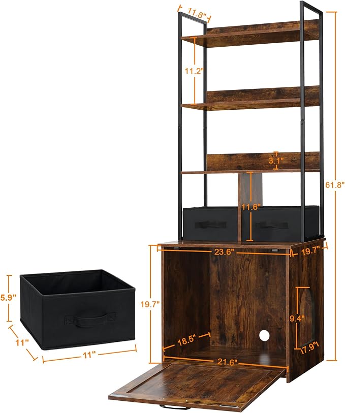 Dwanton Cat Litter Box Enclosure, 3 Storage Shelves and 2 Drawers, 61.8" H | 2-in-1 Hidden Cat Litter Box Enclosure Furniture with Shelf, Metal Frame, Reversible Entrance, Washable Drawers, Rustic Brown