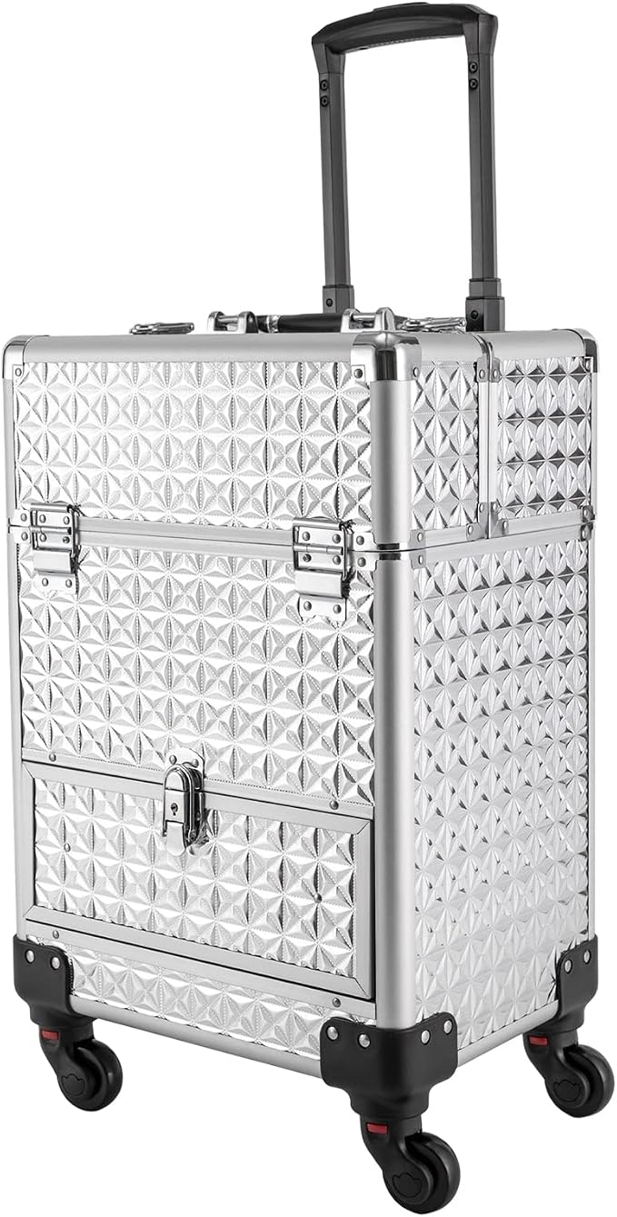 Rolling Makeup Train Case with Drawers, Cosmetic Travel Trolley, Storage Sliding Drawer 4 Tray Cosmetics Beauty Organizer Lockable Luggage Trolley (Silver)
