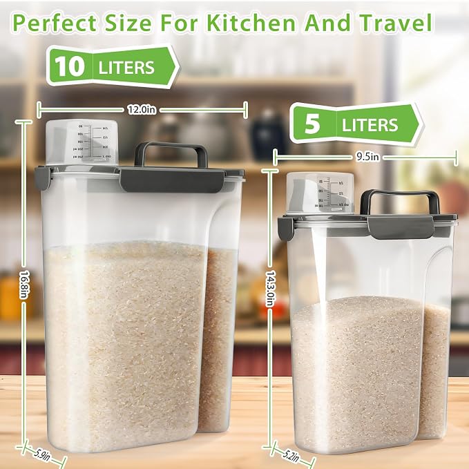 Viretec Rice Storage Container, 15 to 20lb Dry Food Airtight Dispenser, Pet Dog Cat Food Canister, BPA Free Clear Plastic Kitchen and Pantry Bin for Oatmeal, Cereal, Pasta, Flour Pack of 2 Grey