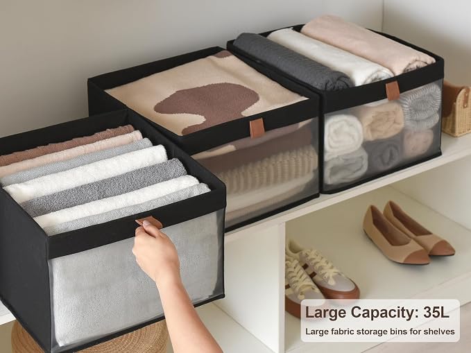 StorageWorks Fabric Storage Bins, Collapsible Storage Basket, Black, 3-Pack | See-Through Mesh Front, Soft Leather Handles, Flip to Show/Hide, Breathable Fabric, Holds Coats, Towels, Blankets, Toys