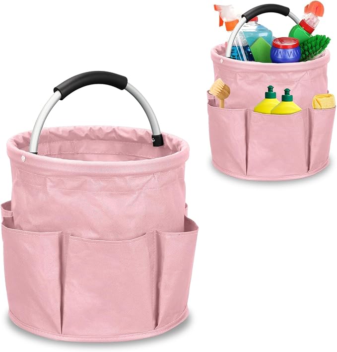 17L Cleaning Caddy with Handle, Foldable Cleaning Supply Caddy with 6 Pockets Cleaning Caddy Bag for Outdoor Camping Garden Harvest Basket Bathroom Storage (Pink)