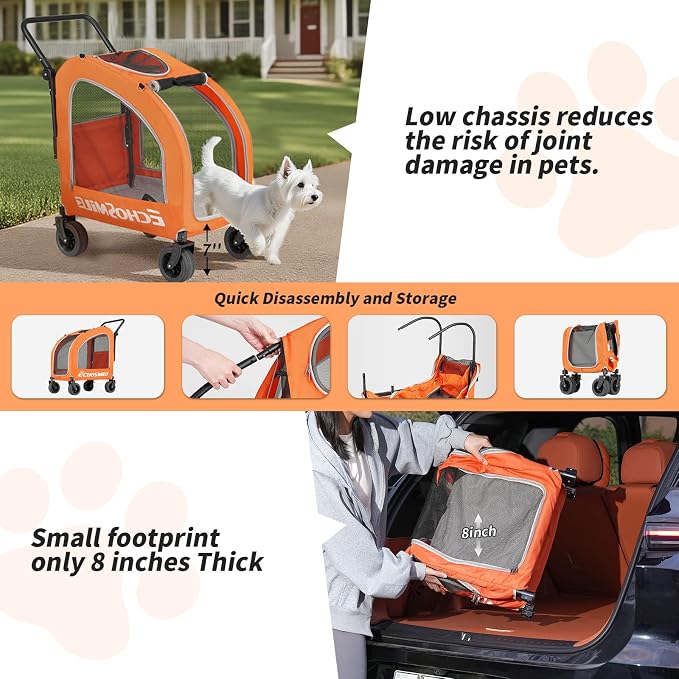 EchoSmile 4-Wheel Pet Stroller for Dogs & Cats, Up to 135 lbs, Orange | Lightweight Carrier · Storage Basket Included · Adjustable Handle · Removable Pad