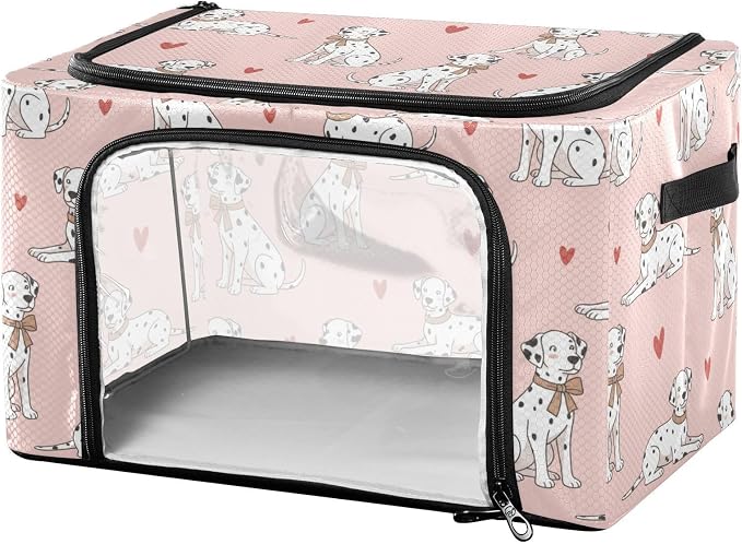 Cute Pets Dogs Pink print Under Bed Storage Containers with Double Zipper Openings, Foldable Clothes Storage Bins with Clear Window and Handles for Comforters Blankets Bedding