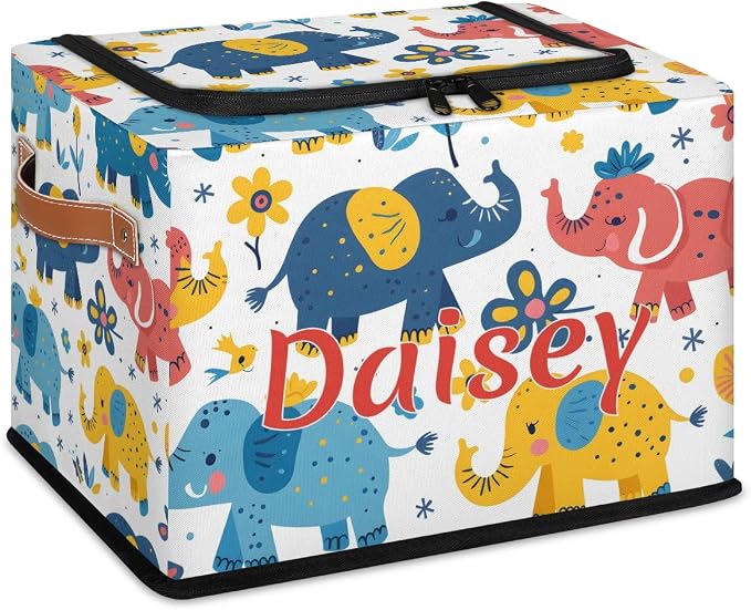 Custom Cute Elephant Storage-Bin With Zipper Lid for Kids-Girls-Boys-Baby-Pet,Personalized Name Foldable Storage Box with Handle,Baby Basket With Label for Bedroom Nursery Toy Clothes,Multi