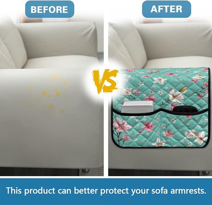 Floral Print Sofa Arm Covers Stretch Armrest Covers with Organizer Pockets Washable Couch Arm Cover Armchair Cover Anti-Slip Armrest Slipcovers Furniture Protector