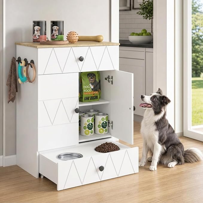 Dog Feeding Station with Storage Cabinet, Hidden Pull-Out Elevated Dog Bowls, Stainless Steel Feeding Drawer, Adjustable Shelves & Hooks, Modern Pet Food Storage Organizer for Dogs (White)