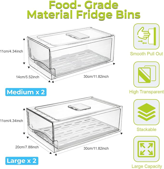 4Pack Fridge Organizer, Stackable Refrigerator Organizer Bins | Reusable Food Storage Containers, BPA-Free with Drain Tray for Kitchen, Refrigerator, Pantry (4 Drawers, Large, Medium)