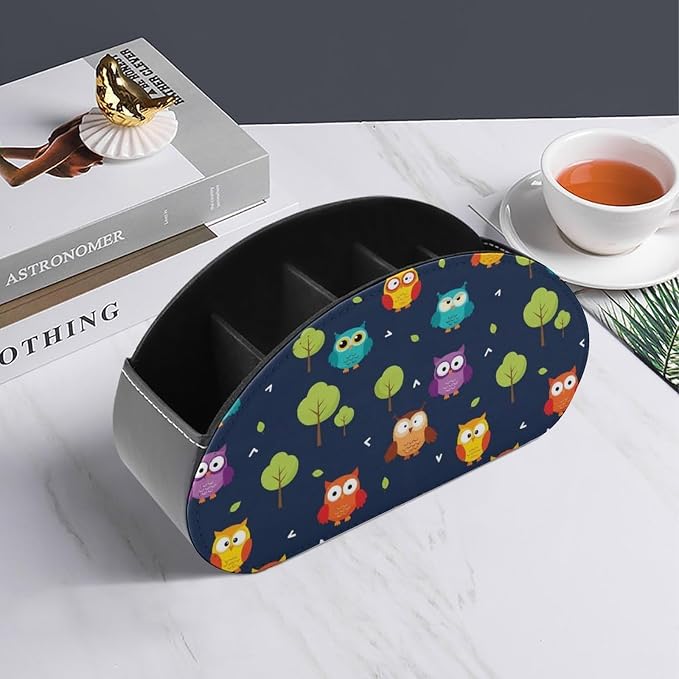 TV Remote Control Holder Cute Owl Desktop Storage Caddy Box | Pu Leather Makeup Brush Organizer with 5 Compartments, Cute Owl, Fit for Media Player, Office Supplies